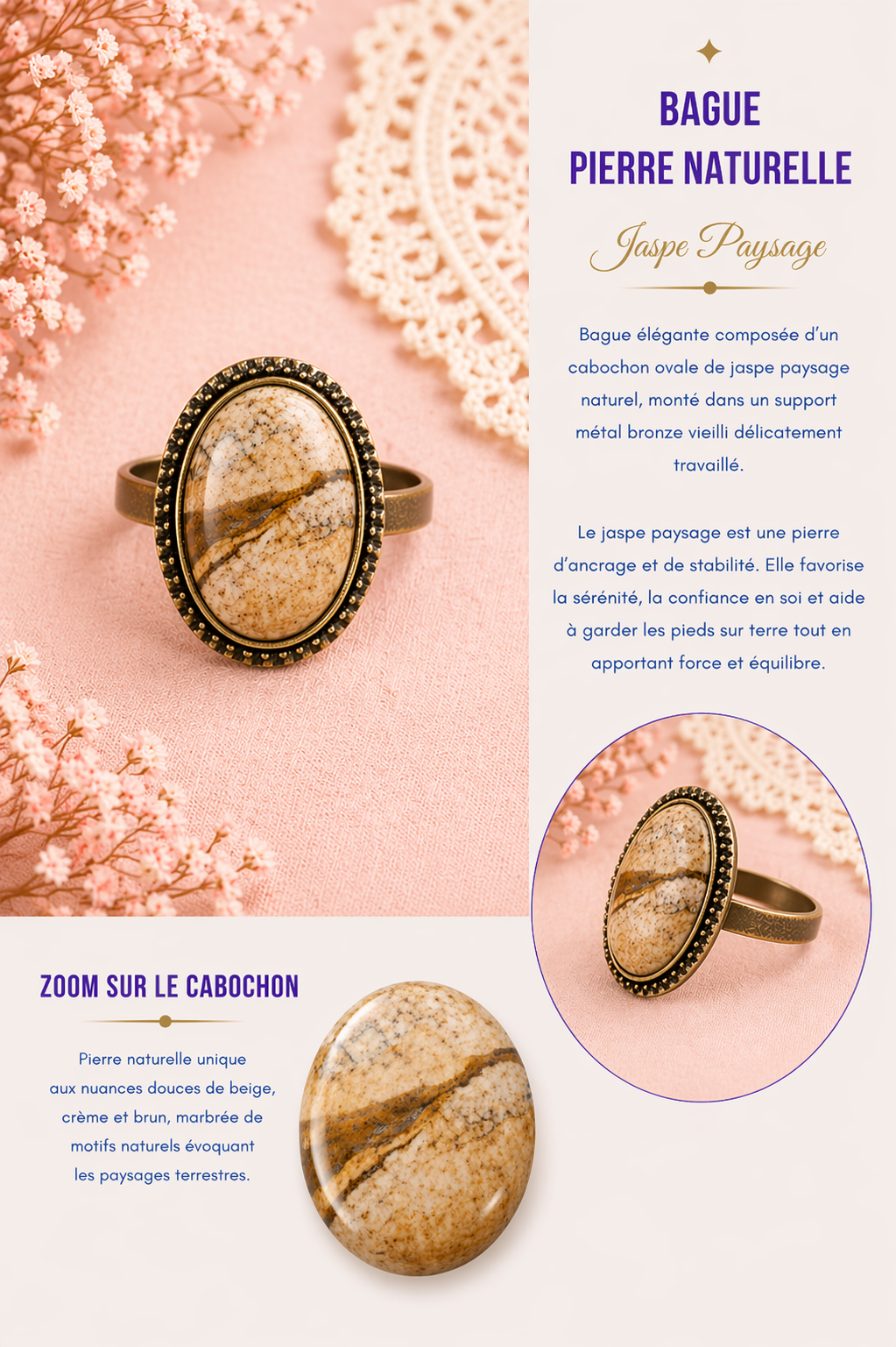 Bague jaspe paysage pierre naturelle